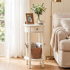HOMPUS Round End Table with Drawer, Tall end Table with Open Shelf, Farmhouse - Image 3
