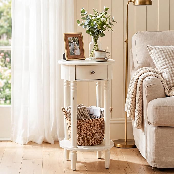 HOMPUS Round End Table with Drawer Set of 2, Rustic Framhouse Nightstand Set 2 - Image 8