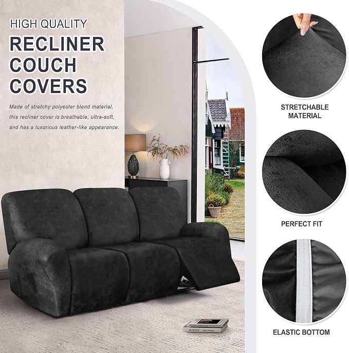 ANARACHON Leather Look Recliner Couch Cover, 8-Pieces Stretch Recliner Sofa - Image 4