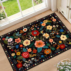 RELEANY Floral Washable 2x3 Area Rugs Doormat Black | Flower Carpet Print Boho by RELEANY