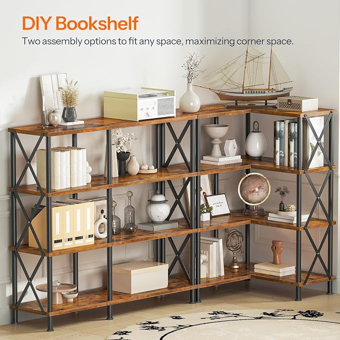 HOOBRO Corner Bookshelf, 4-Tier L-Shaped Bookcase, Industrial Open Display - Image 4