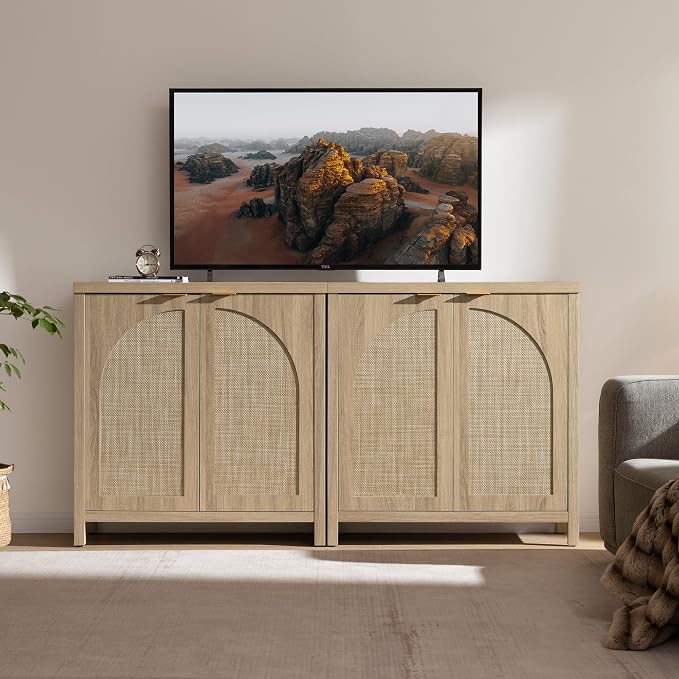 SICOTAS 102"W Rattan Sideboard Buffet Cabinet Set of 3, Mid Century Modern - Image 4