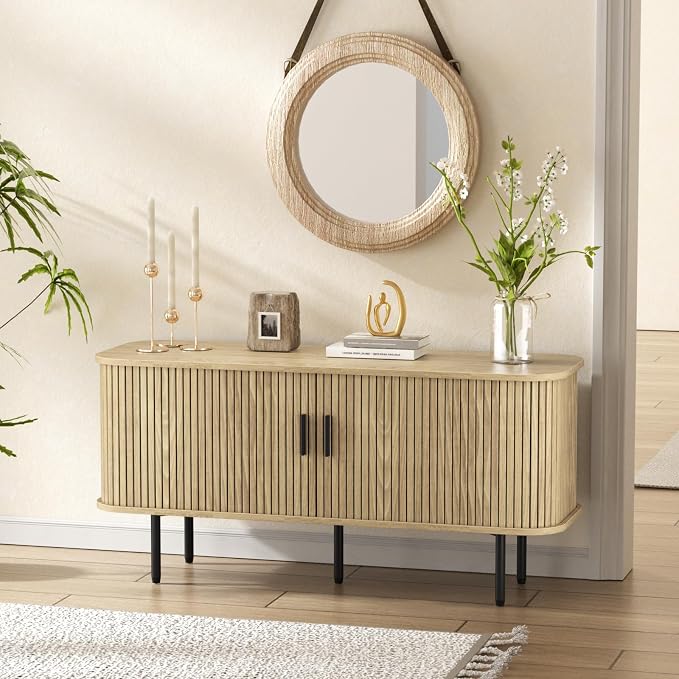 55''W Natural Storage Cabinet, Media Console, Tambour TV Stand, Television by FiveWillowise