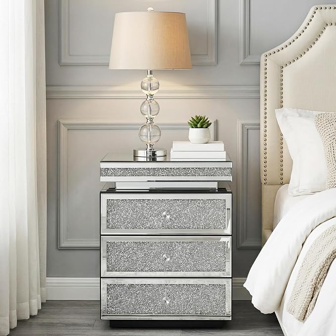 Modern Glam Glass Mirror Nightstand, 3-Drawer Luxury Mirrored Accent Table - Image 6