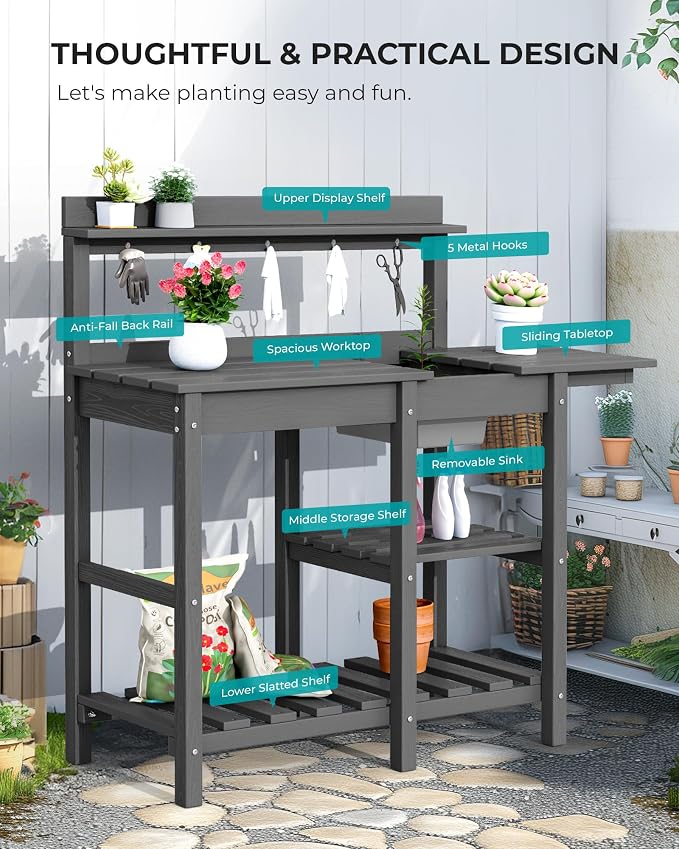 SERWALL Outdoor Potting Bench 2-Piece Set, Rot-Resistant HDPE Potting Table - Image 8