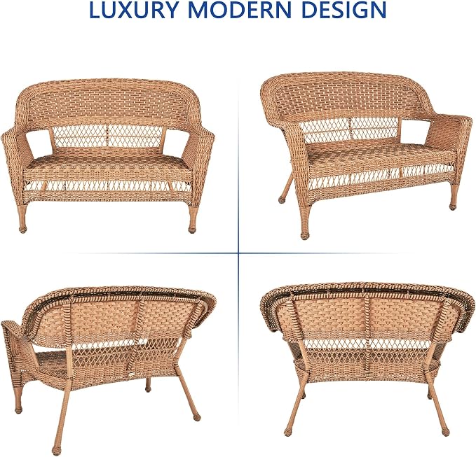 Jeco Wicker Patio Love Seat and Coffee Table Set in Honey Without Cushion - Image 9