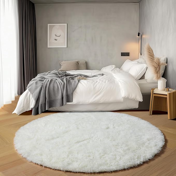 Cream White Round Area Rugs 6ft, Fluffy Soft Bedroom Circle Rug Floor Mat - Image 3