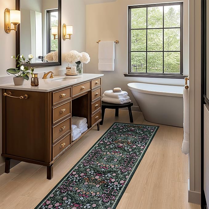 PLHXFR 2x5 Washable Runner Rug：Floral Indoor Kitchen Carpet Dark Green | - Image 6