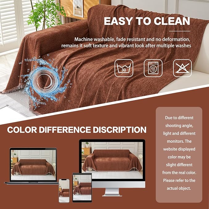 DREAMINGO Chocolate Brown Couch Cover Chenille Sofa Covers - Image 6