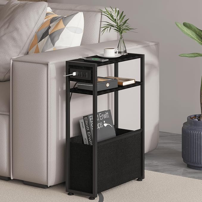 Leomonio Black Side Table with Charging Station, Slim End Tables with Fabric by Leomonio