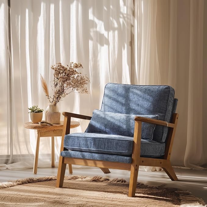 VINGLI Solid Wood Wide Armrests Accent Chair, Upholstered Mid Century Modern by VINGLI