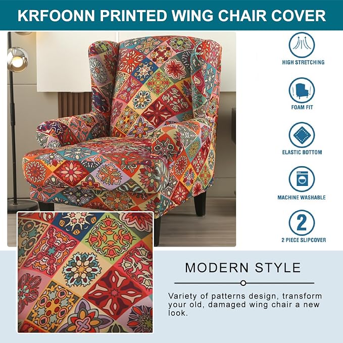 KRFOONN Stretch Wing Chair Slipcovers Printed 2 Piece Wingback Chair Covers - Image 4