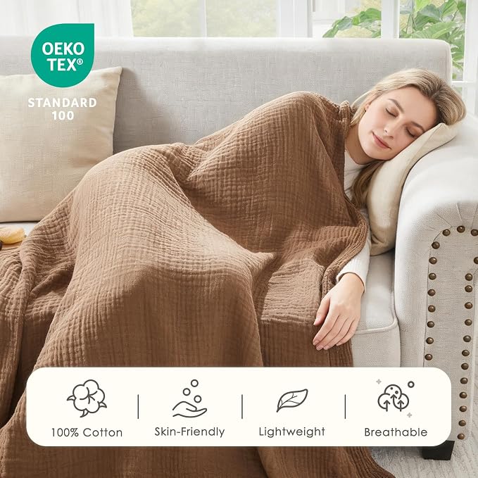 EMME Muslin Blankets for Adults Brown Small Blanket 40" x 50" | Throw Blanket - Image 2