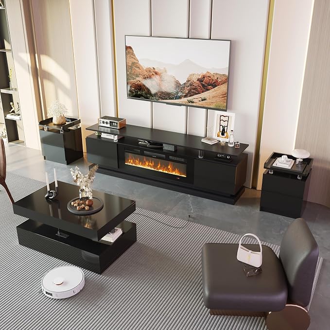 4-Piece Modern Living Room Table Set, Includes High Gloss 70" Fireplace TV Stand - Image 3