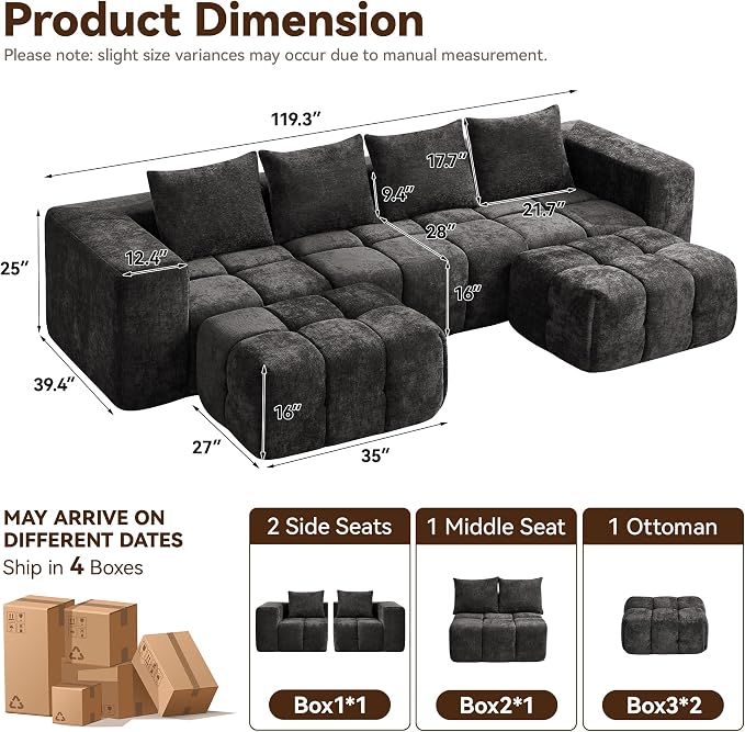 119" Boneless U-Shaped Sofa Couch - Image 2