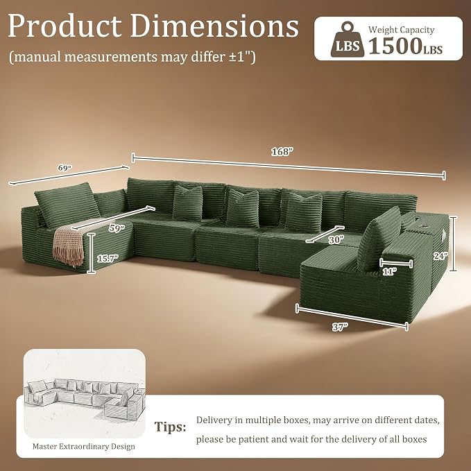 168" Cloud Sectional Couch, Comfort U Shaped Sofa - Image 2