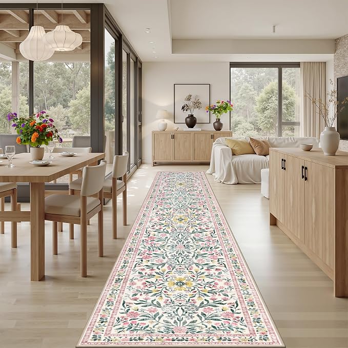 PLHXFR 2.6x14 Washable Runner Rug：Floral Indoor Kitchen Carpet Pink Green | - Image 4