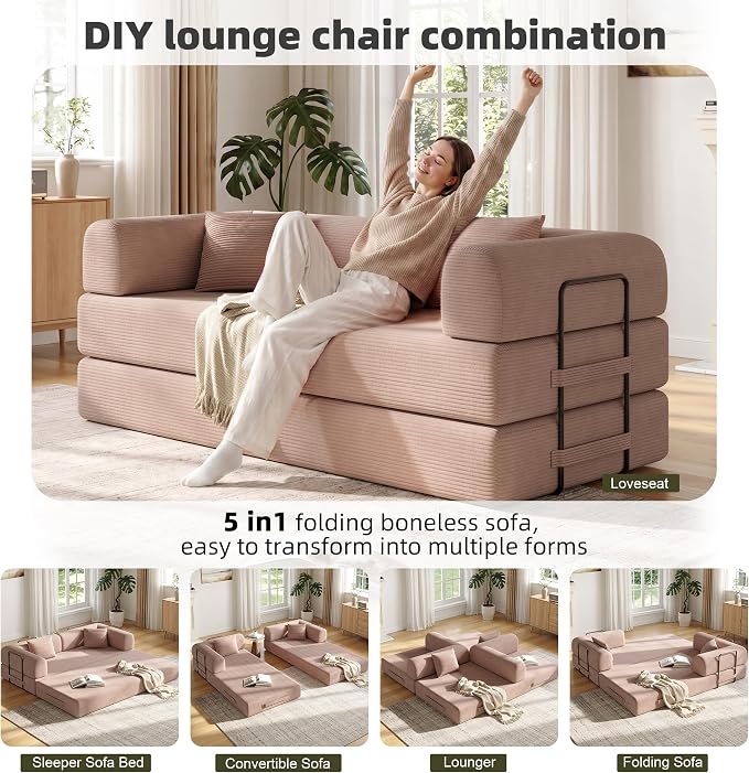 79in Convertible Sofa Bed, Corduroy Boneless Couch Bed, Futon Sleeper Sofa Pull - Image 3