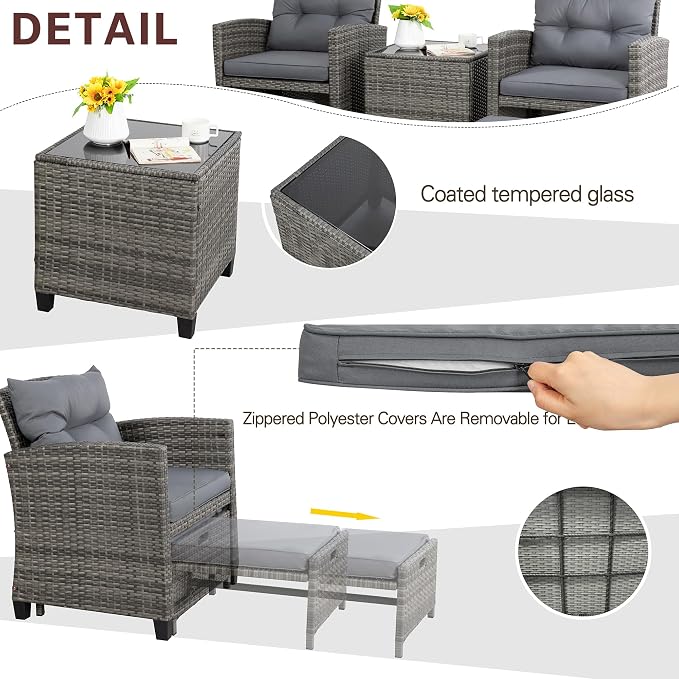 Vongrasig 5 Piece Patio Furniture Set, Small Balcony Furniture, PE Wicker - Image 4