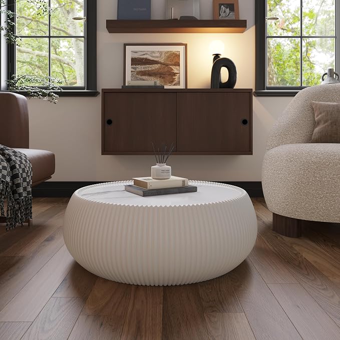 27.55" Round Marble Coffee Table, Modern Drum Coffee Cocktail Center Tables - Image 8