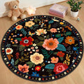 RELEANY Floral Washable Round 4ft Area Rug Black | Flower Carpet Print Boho by RELEANY