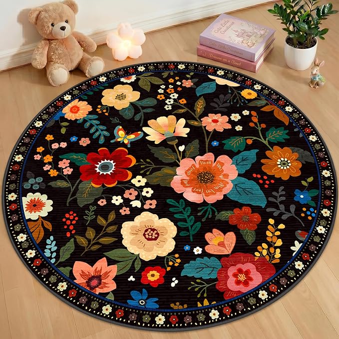RELEANY Floral Washable Round 4ft Area Rug Black | Flower Carpet Print Boho by RELEANY