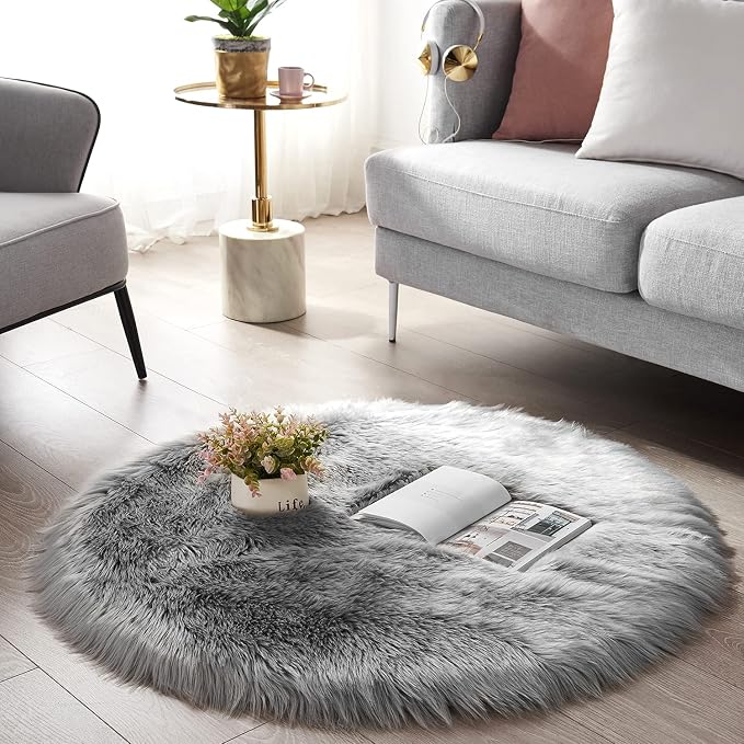 SERISSA 5x5 Fluffy Grey Round Faux Fur Area Rug - Image 4