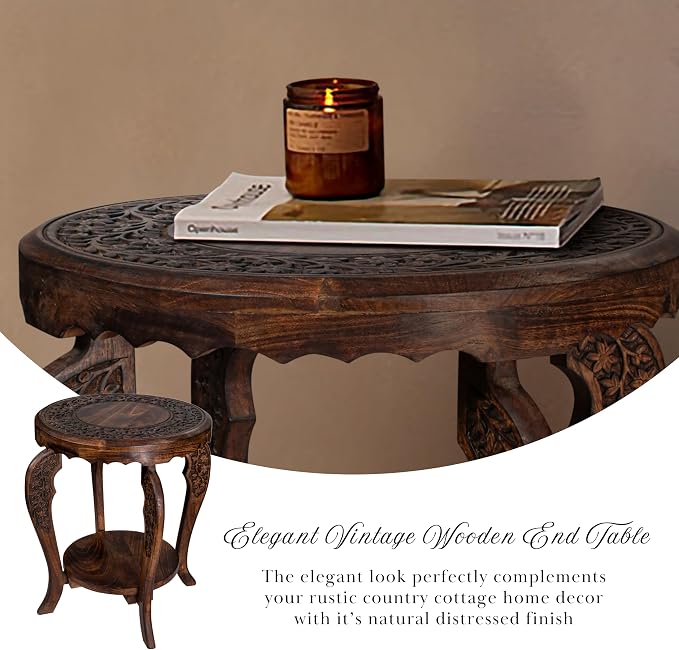 Farmhouse Round Accent End Table, Rustic Side Table Nightstands - Image 5