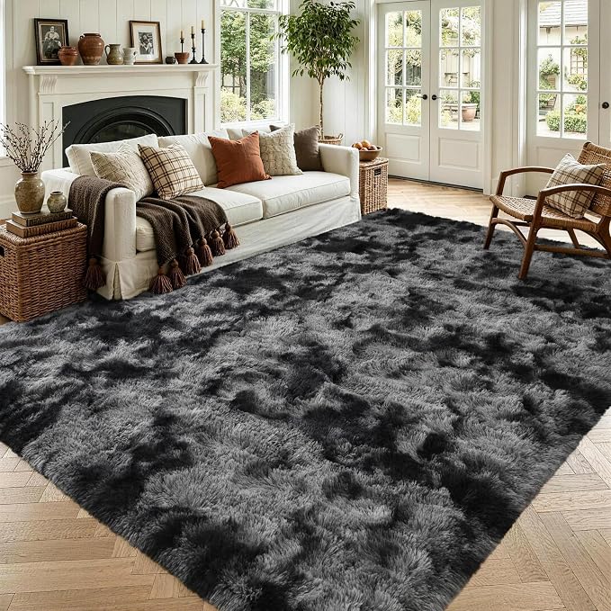 5x7 Tie-Dyed Dark Grey Fluffy Area Rug Non-Slip by ModernHomeDecor