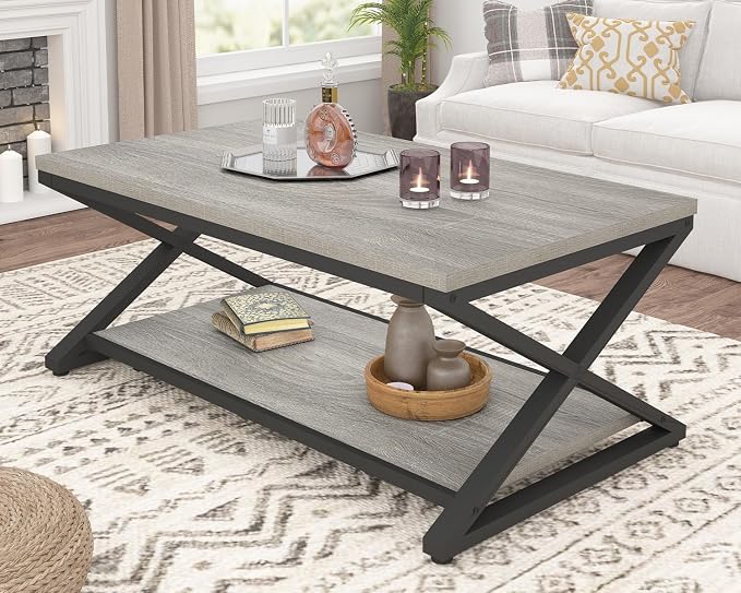 HSH Rustic Grey Coffee Table, Modern Minimalist Living Room Table by HOMESWEETHOME