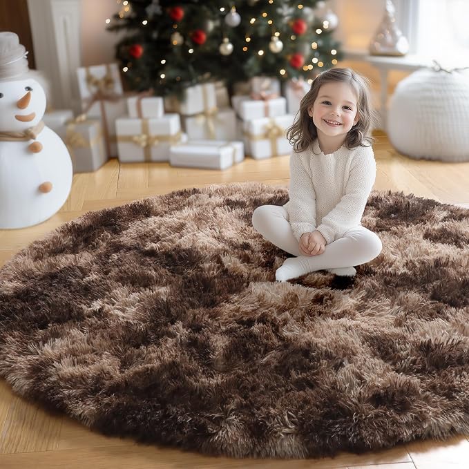 Amdrebio Brown Tan Fluffy Shag Round Circle Area Rug 4Ft - Image 5