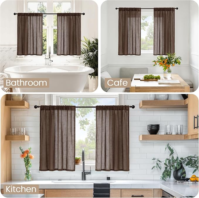 BGment Brown Linen Kitchen Curtains 40 Inch Length, Small Semi Sheer Drapes - Image 2