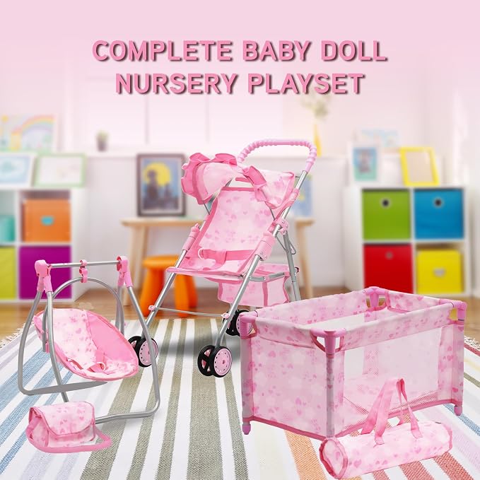 Baby Doll Stroller Bed and Swing Nursery Playset, Baby Doll Accessories - Image 5