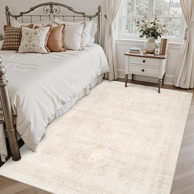 5x7 Area Rugs Living Room: Bedroom Neutral Washable Carpet Beige | Large - Image 2