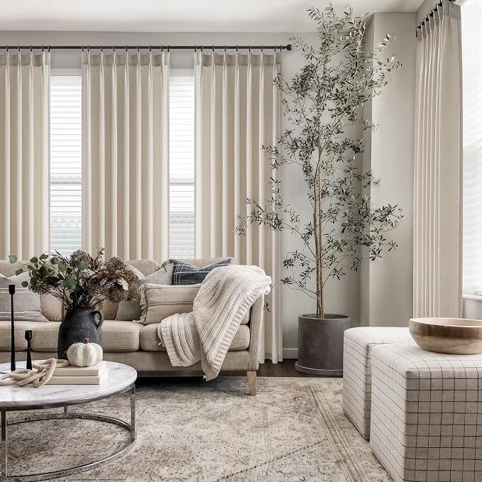 96 Inches Long Pleated Sheer Curtains, Oatmeal Linen Blended Light Filtering - Image 6