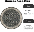 5ft Round Black Beige Vintage Floral Washable Rug - Image 2
