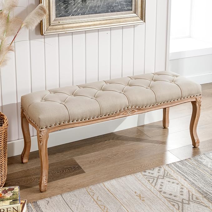 Cozyman Bedroom Bench, French Vintage Tufted Entryway Bench, 45.2" Carving - Image 8