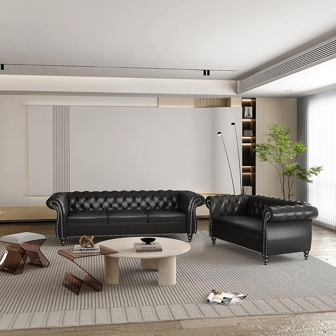 Chesterfield 3 Seater Sofa, Modern Leather Tufted Couch 3 Seater - Image 7