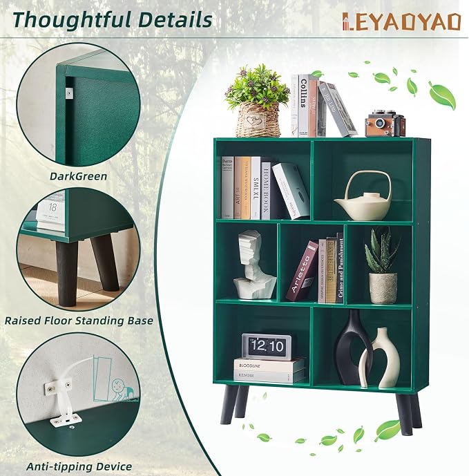 LEYAOYAO Cube Bookshelf 3 Tier Mid-Century Dark Green Modern Bookcase - Image 6