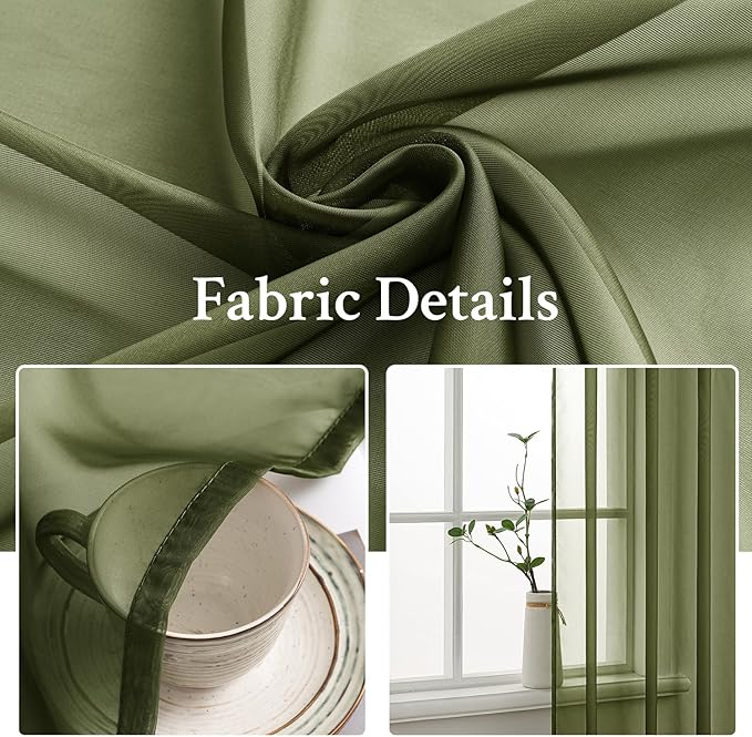 MIULEE Olive Green Sheer Curtains 54 X 96 Inches, 2 Panels | Solid Color - Image 3