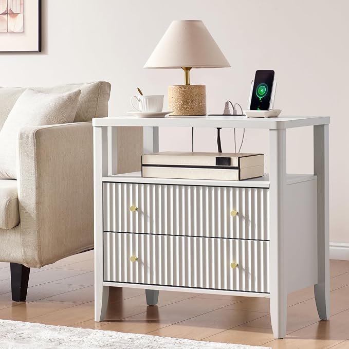 27.3" Fluted Nightstand with Charging Station – Modern Bedside Table with 2 by Fatmok