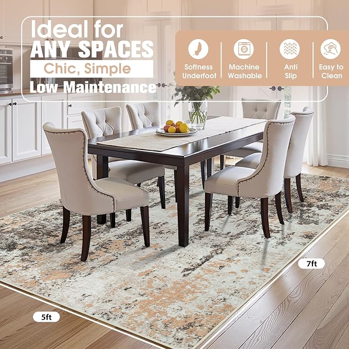 5x7 Area Rugs for Living Room Washable Bedroom Dining Room Brown Beige | Modern - Image 2