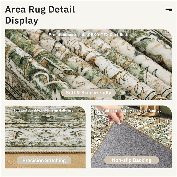 Soalmost 6x9 Area Rug for Living Room Washable Rugs Non-Slip Olive Beige | - Image 5