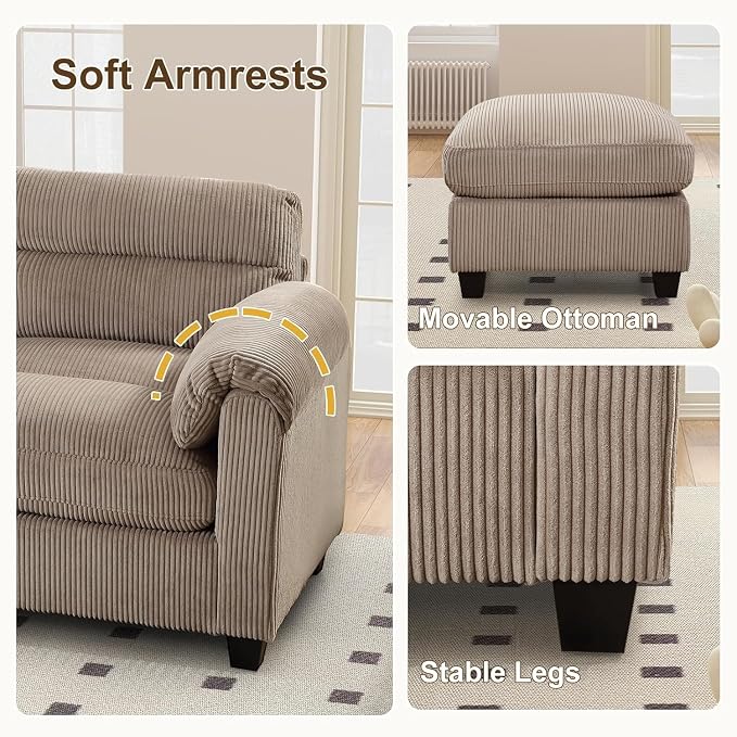 HAOMARKETS Corduroy 4-Piece Sofa Set, Upholstered Ottoman Set of 2, Loveseat - Image 5