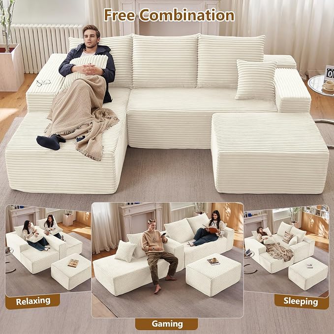 107" Comfy U-Shaped Sectional Modern Boneless Corduroy Couch - Image 7