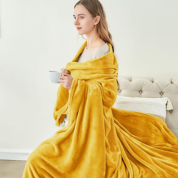 BEDELITE Fleece Blanket Soft Plush Queen Size Bed Blanket Yellow 90"x90" | - Image 8