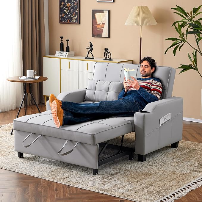 VINGLI Light Grey Futon Sofa Bed Convertible Loveseat Sleeper Couch, Faux - Image 2