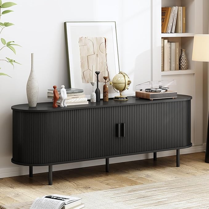 63" TV Stand with Power Outlet, Modern Media Console with Sliding Doors - Image 4