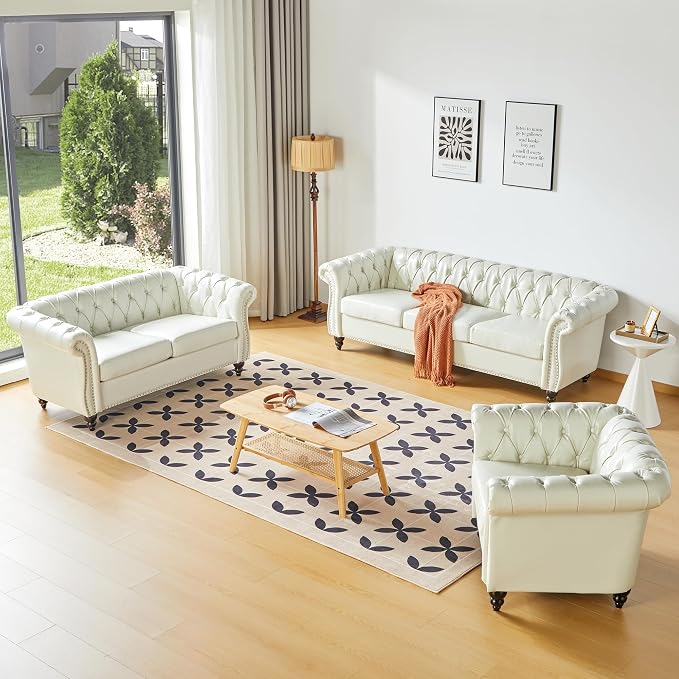 ORRD 2 Pieces Living Room Set, Chesterfield Faux Leather Sofa Loveseat Couch - Image 7