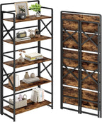 No Assembly Folding Bookshelf, 5 Tiers Vintage Wood Collapsible Book Shelf by THKKYHomeOfficeFurniture